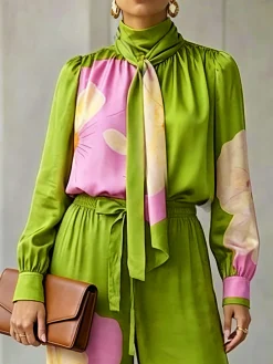 Urban Floral Bow Printing Mock Neck Blouse