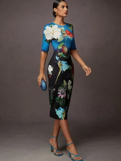 Urban Floral Printing Crew Neck Midi Dress