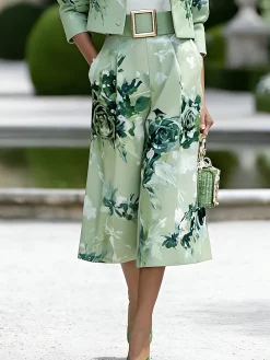 Urban Floral Printing Straight Pants With Belt