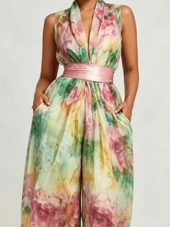 Urban Floral V Neck Jumpsuit With Belt