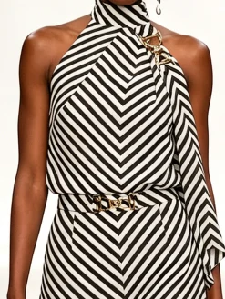 Urban Geometric Color Block Striped Halter Neck Tank Top