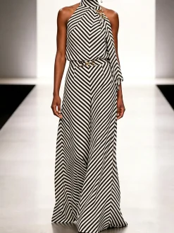 Urban Geometric Color Block Striped Halter Neck Tank Top
