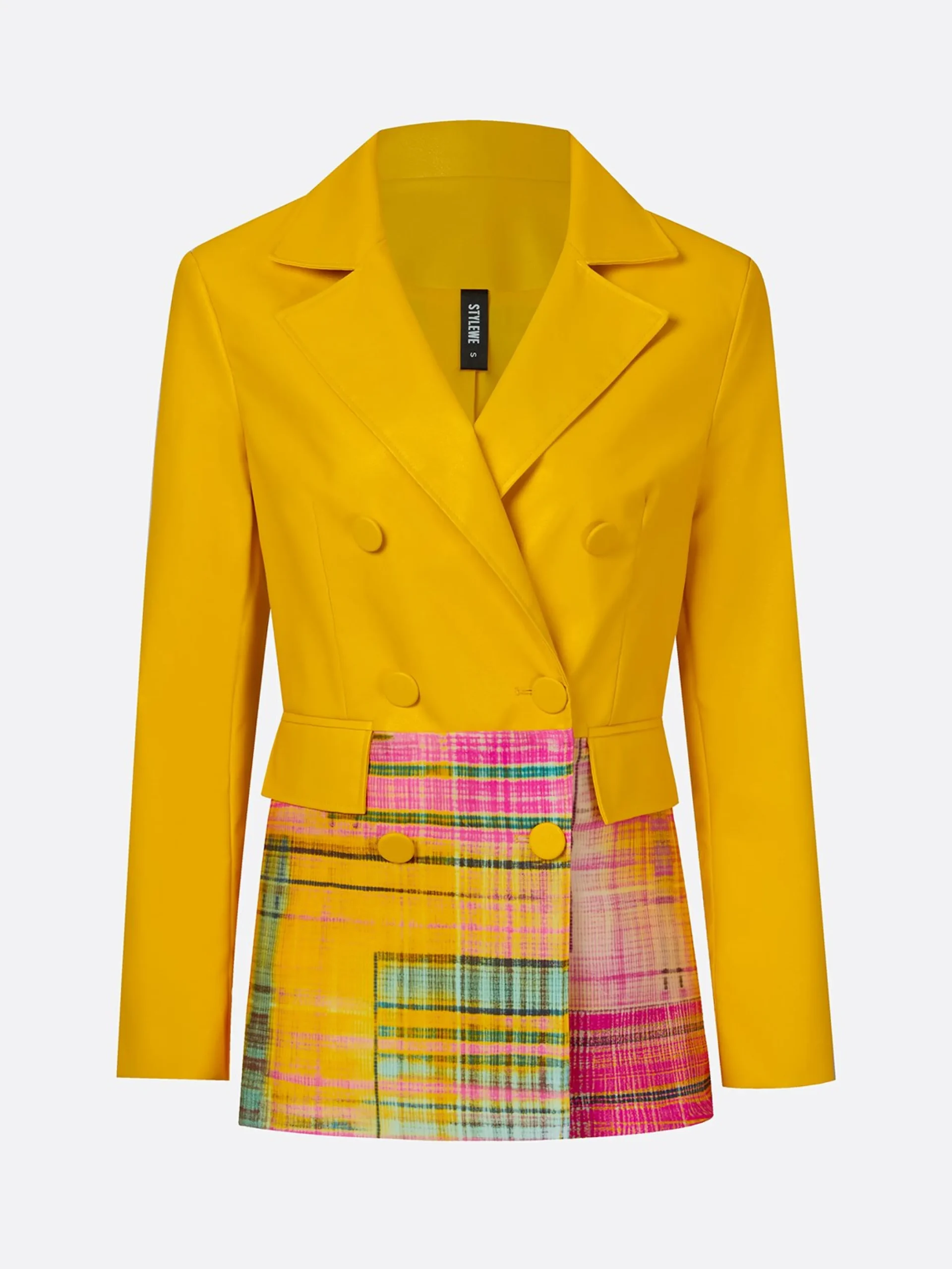 Urban Geometric Plaid Faux Leather Lapel Coat
