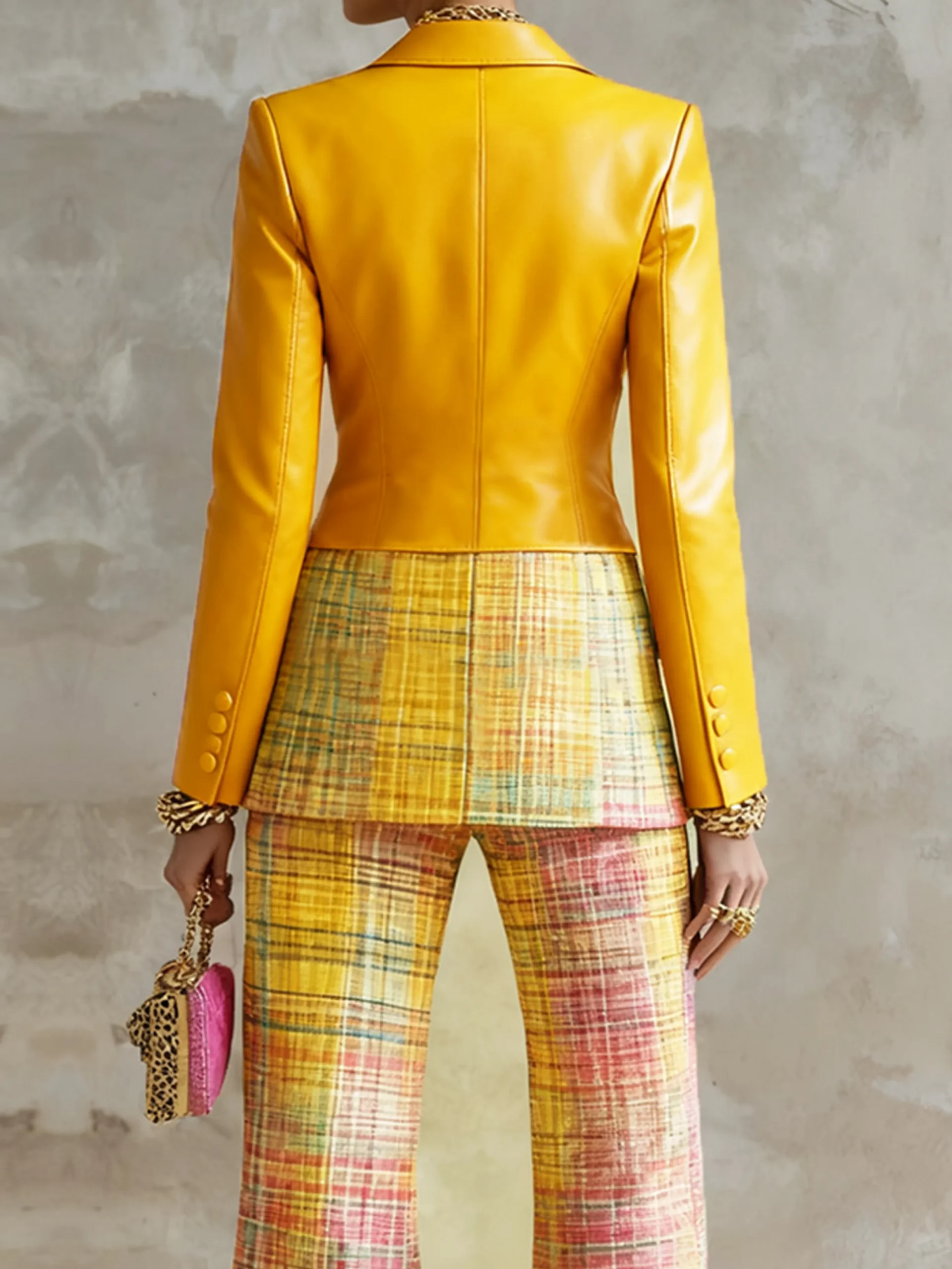 Urban Geometric Plaid Faux Leather Lapel Coat