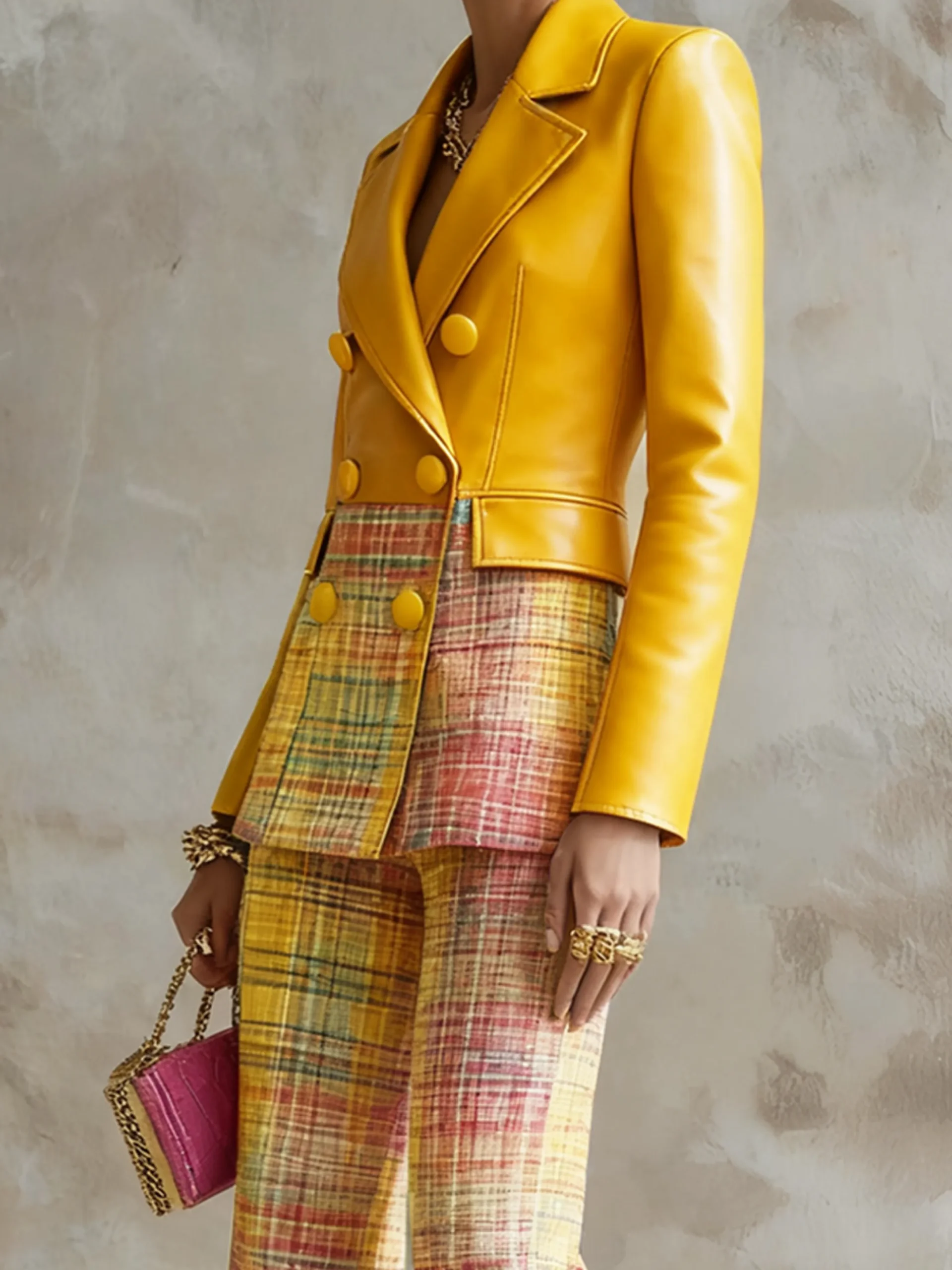 Urban Geometric Plaid Faux Leather Lapel Coat