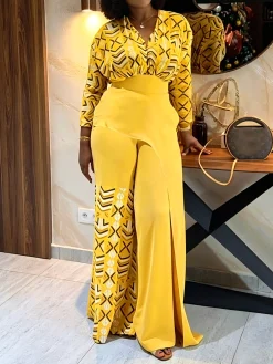 Urban Geometric Printing Color Block Wide Leg Pants