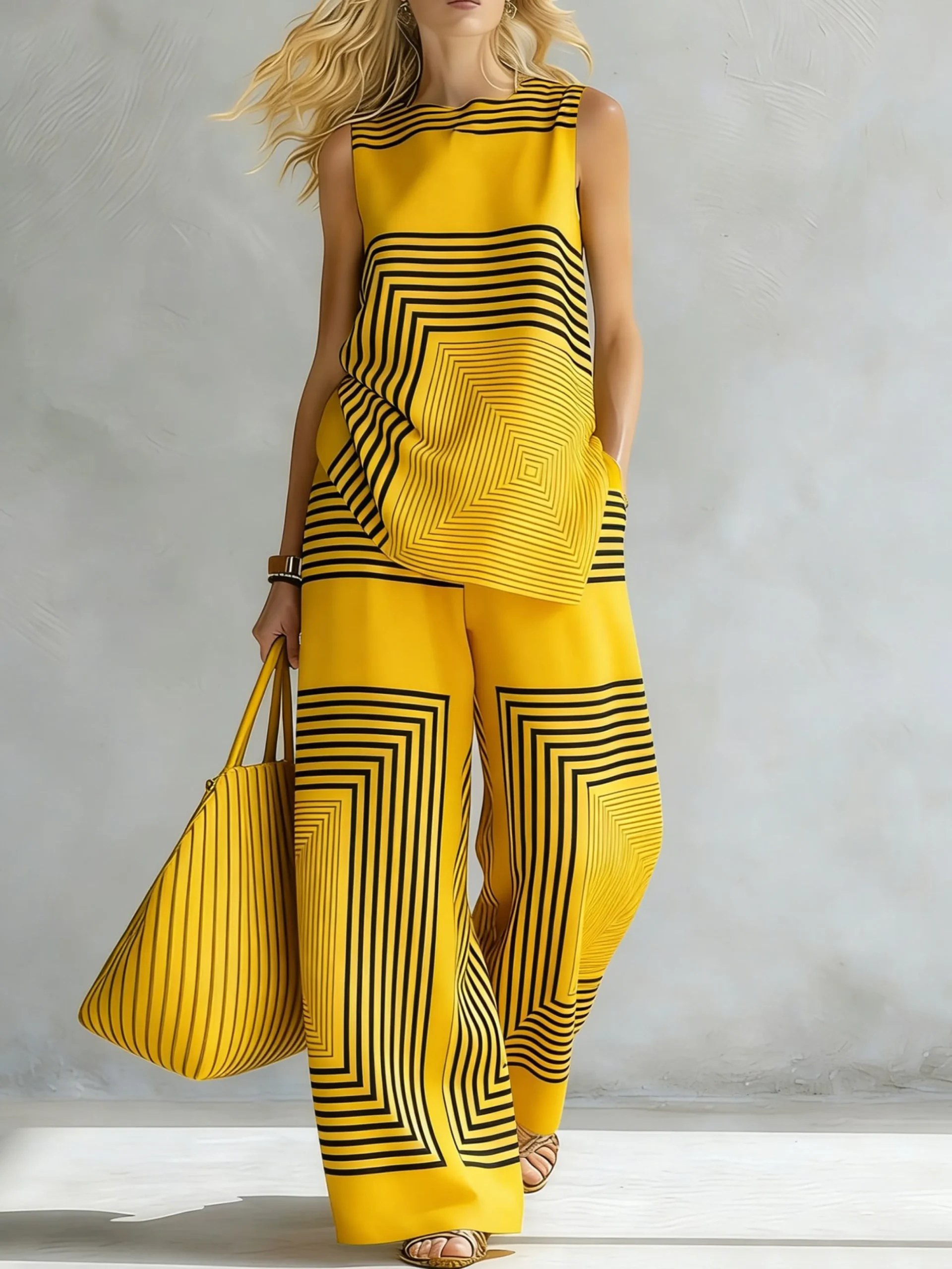 Urban Geometric Stripe Sleeveless Top Loose Fit Lightweight Daily