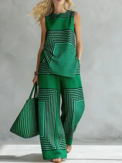 Urban Geometric Stripe Wide Leg Pants High Waist Flowy Office Trousers