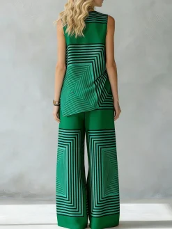 Urban Geometric Stripe Wide Leg Pants High Waist Flowy Office Trousers