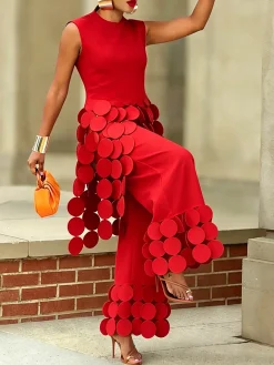 Urban High Waisted Wide Leg Pants Circle Applique Party Trousers