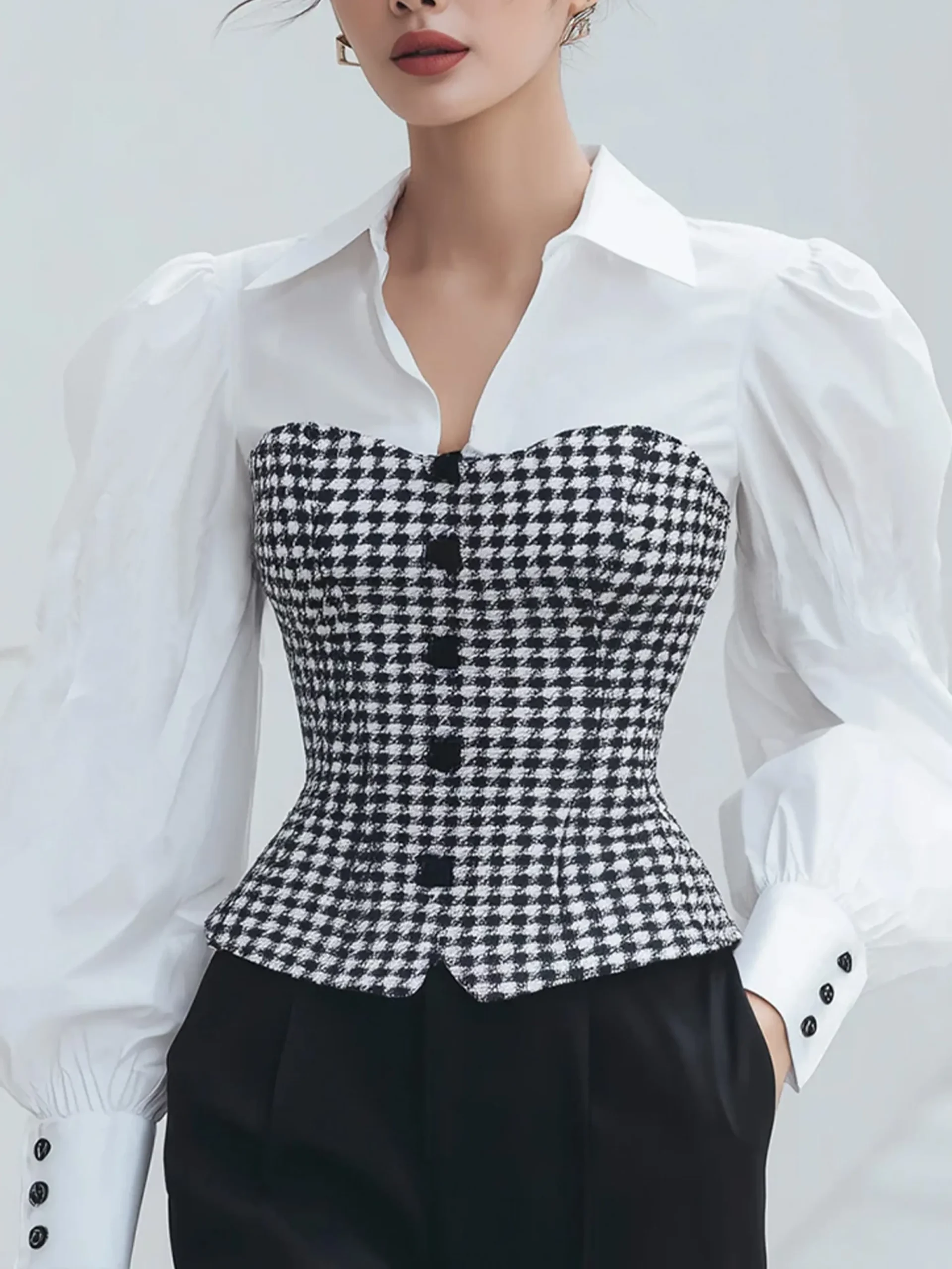 Urban Houndstooth Split Joint Shirt Collar Puff Sleeve Shirt