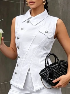 Urban Irregular Craftsmanship Plain Denim Vest