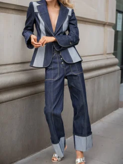 Urban Lapel Collar Color Block Denim Coat