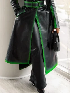 Urban Lapel Collar Regular Fit Color Block PU Faux Leather Coat