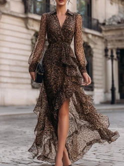 Urban Leopard Puff Sleeve Printing Shawl Collar Maxi Dress