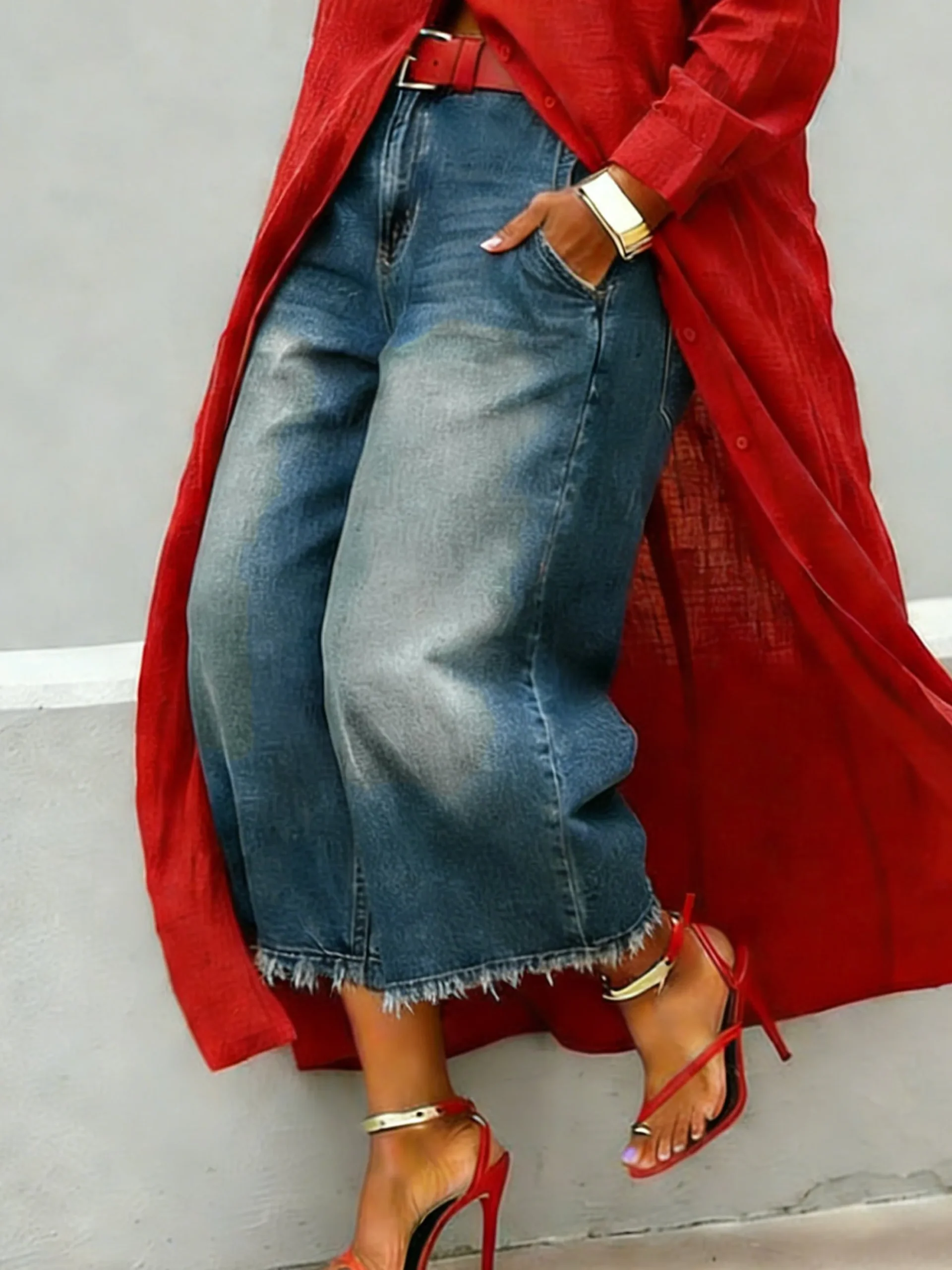 Urban Long Wide Leg Pants Loose H-Line Ripped Daily Trousers