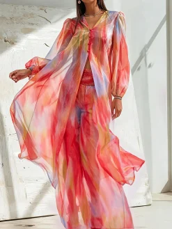 Urban Ombre Printing Color Block Buttoned Balloon Sleeve Shirt