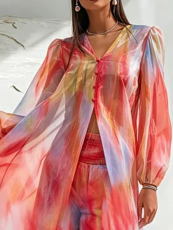 Urban Ombre Printing Color Block Buttoned Balloon Sleeve Shirt