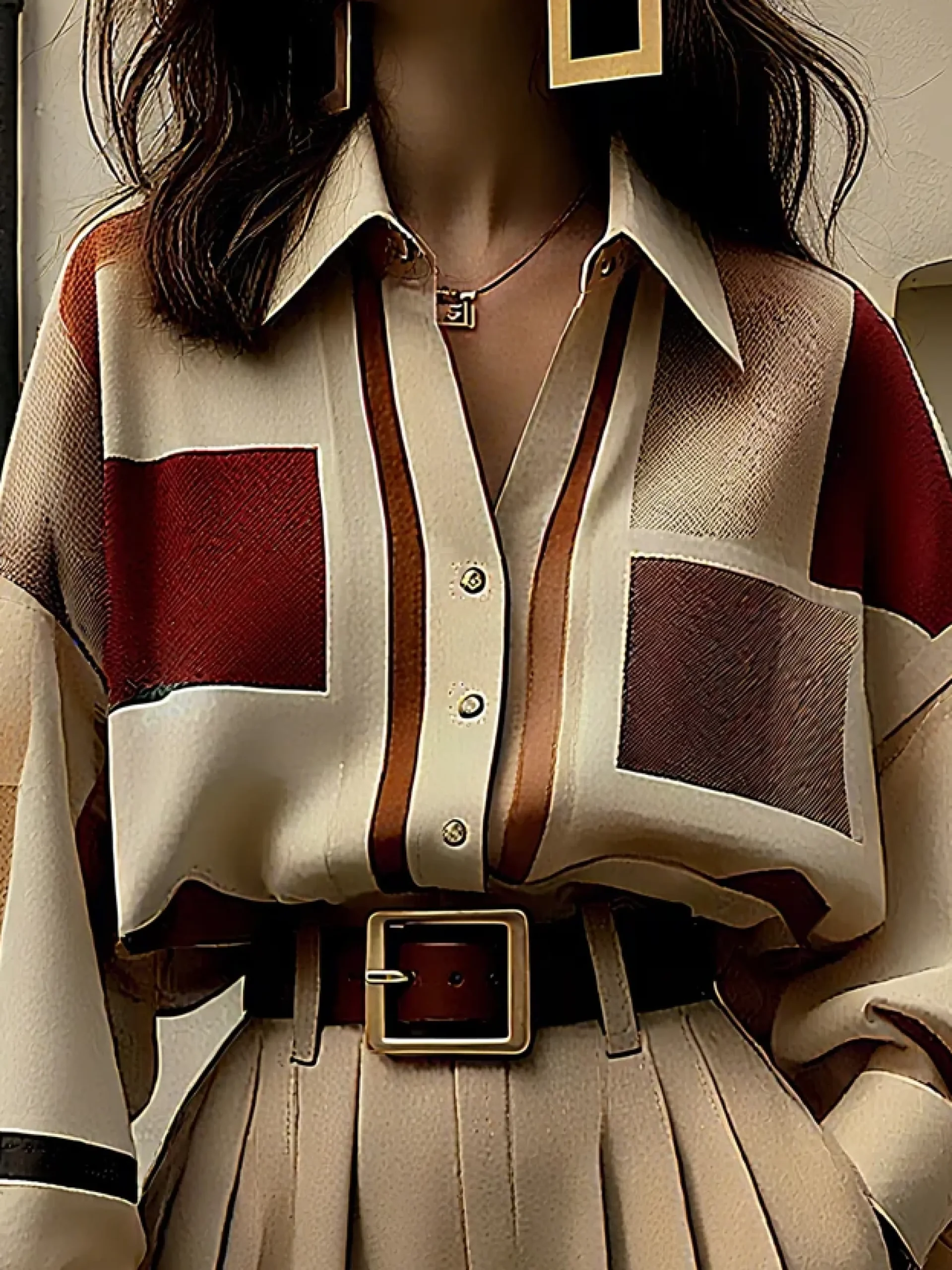 Urban Plaid Balloon-Sleeve Buckle Shirt