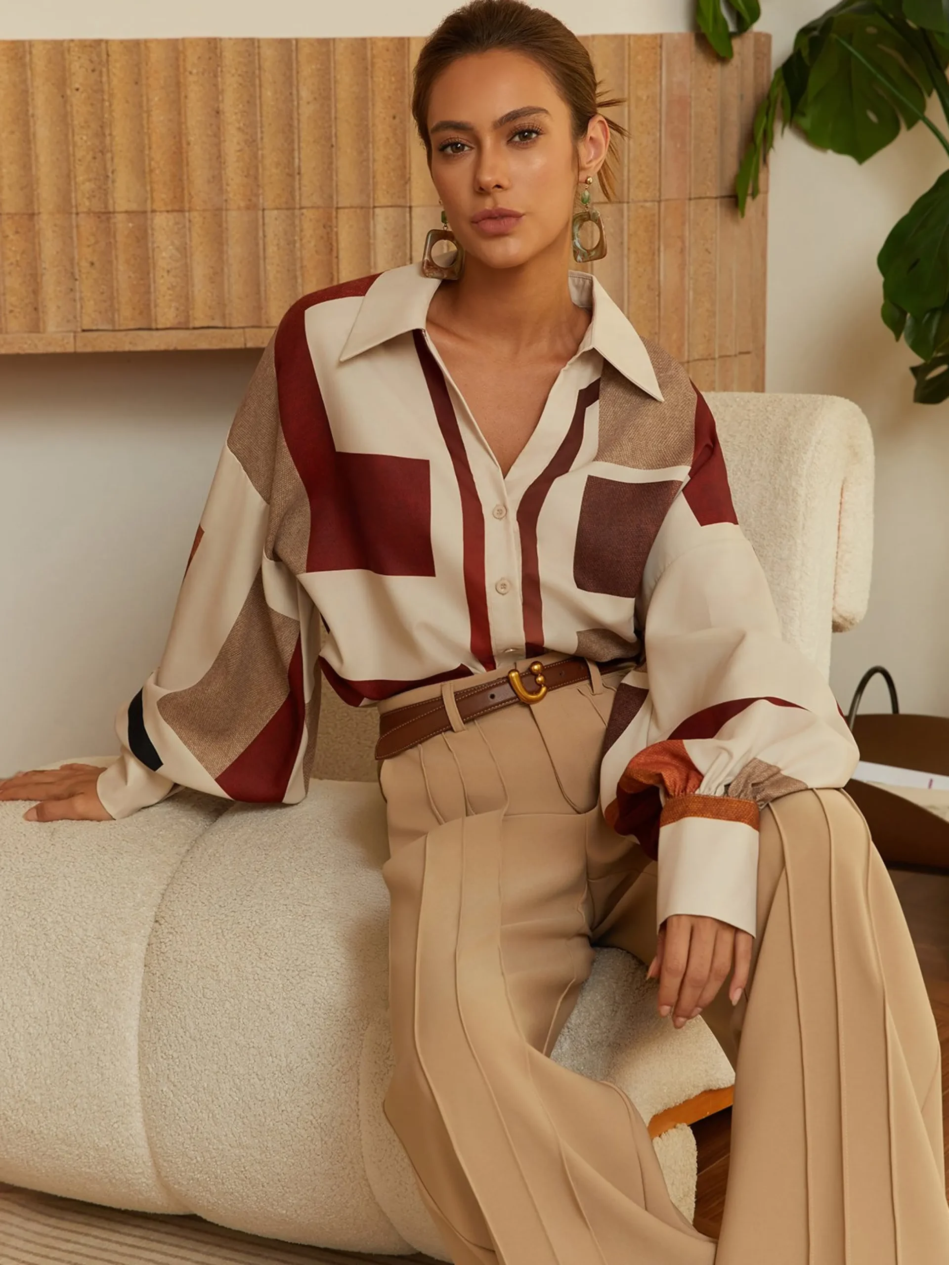 Urban Plaid Balloon-Sleeve Buckle Shirt