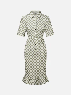 Urban Plaid Printing Shirt Collar Midi Dress