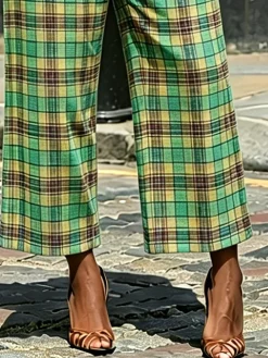 Urban Plaid Printing Wide Leg Pants