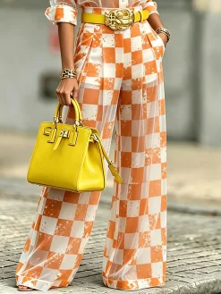Urban Plaid Printing Wide Leg Pants