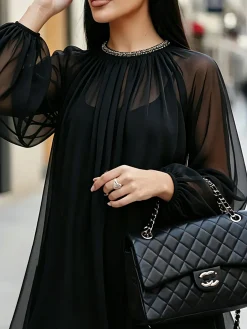 Urban Plain Balloon Sleeve Split Joint Midi Dress