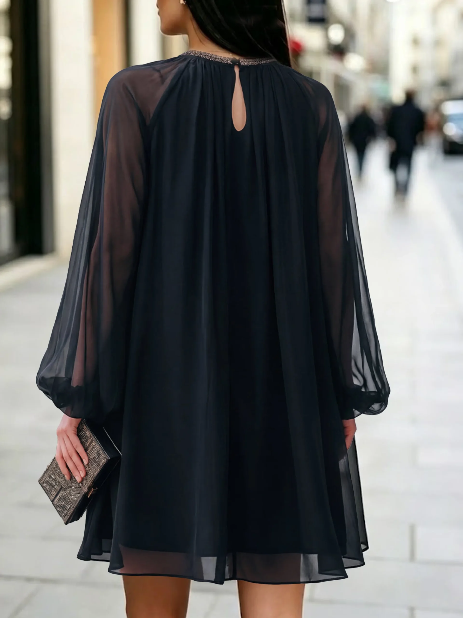 Urban Plain Balloon Sleeve Split Joint Midi Dress