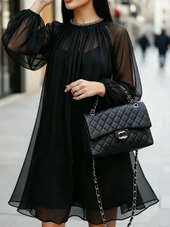 Urban Plain Balloon Sleeve Split Joint Midi Dress