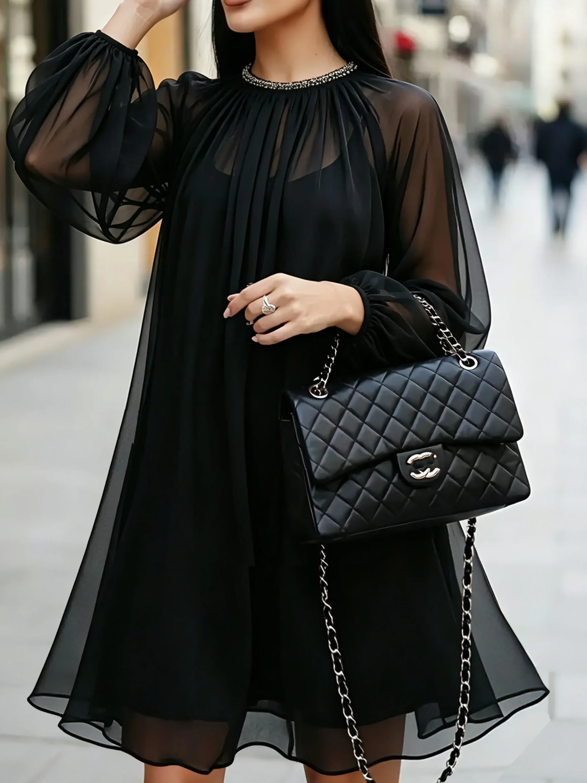 Urban Plain Balloon Sleeve Split Joint Midi Dress