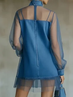 Urban Plain Balloon Sleeve Split Joint Mock Neck Denim Mini Dress