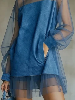 Urban Plain Balloon Sleeve Split Joint Mock Neck Denim Mini Dress