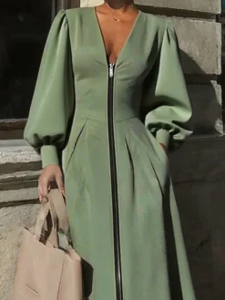 Urban Plain Balloon Sleeve Zipper V Neck Midi Dress