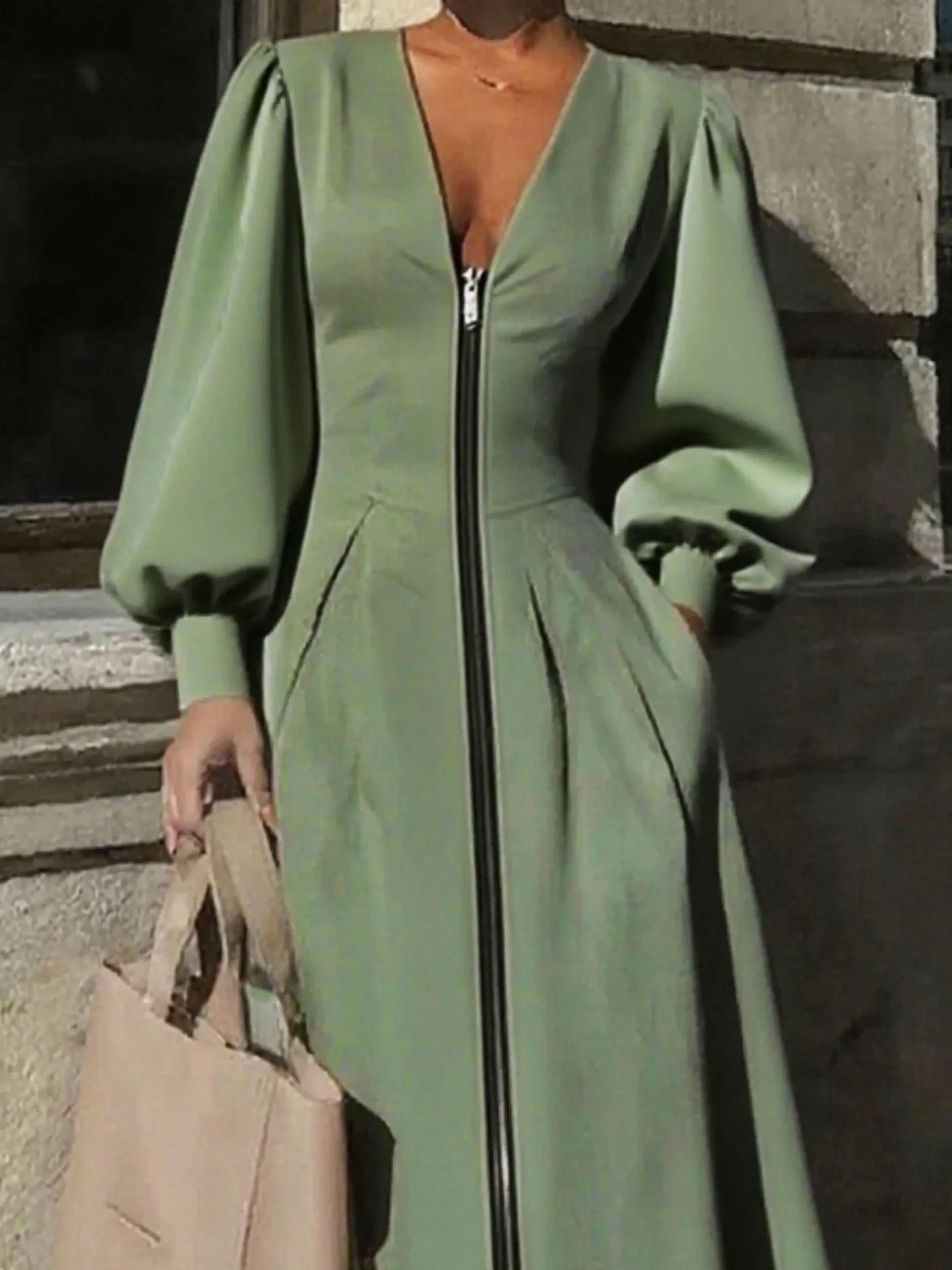 Urban Plain Balloon Sleeve Zipper V Neck Midi Dress