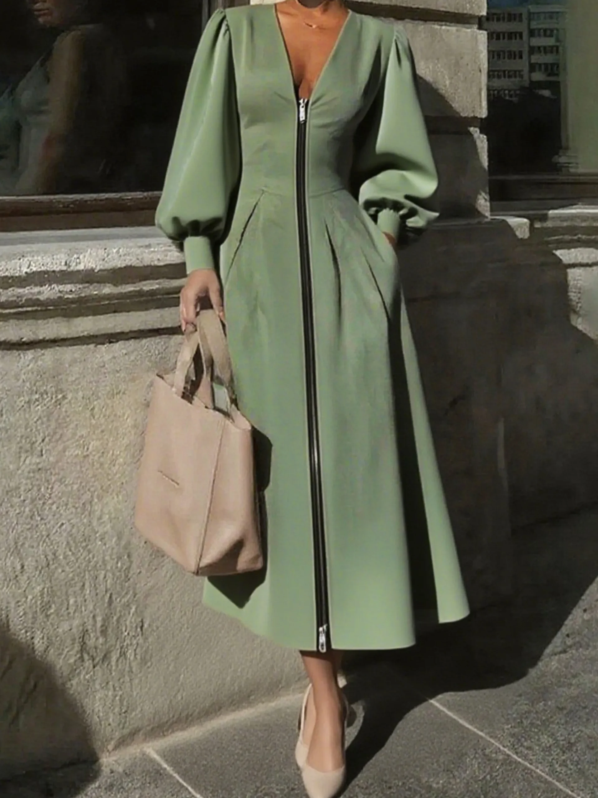 Urban Plain Balloon Sleeve Zipper V Neck Midi Dress