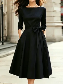 Urban Plain Bow Boat Neck Midi Dress