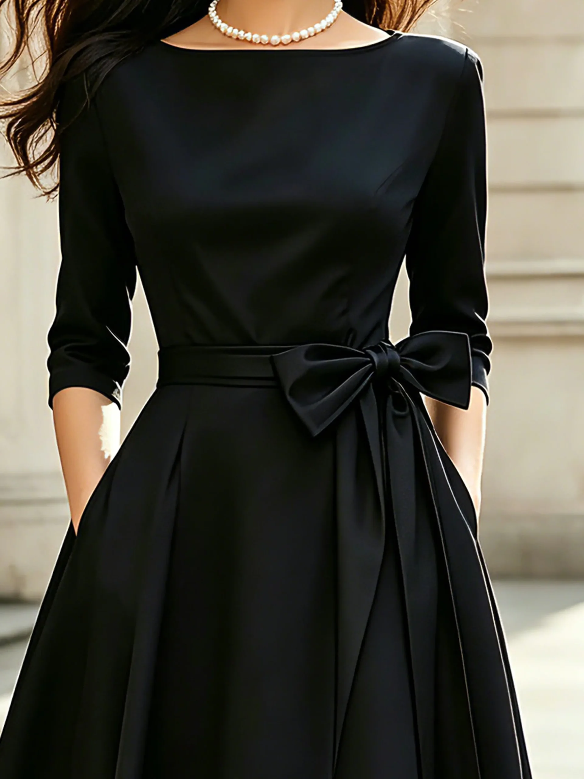 Urban Plain Bow Boat Neck Midi Dress