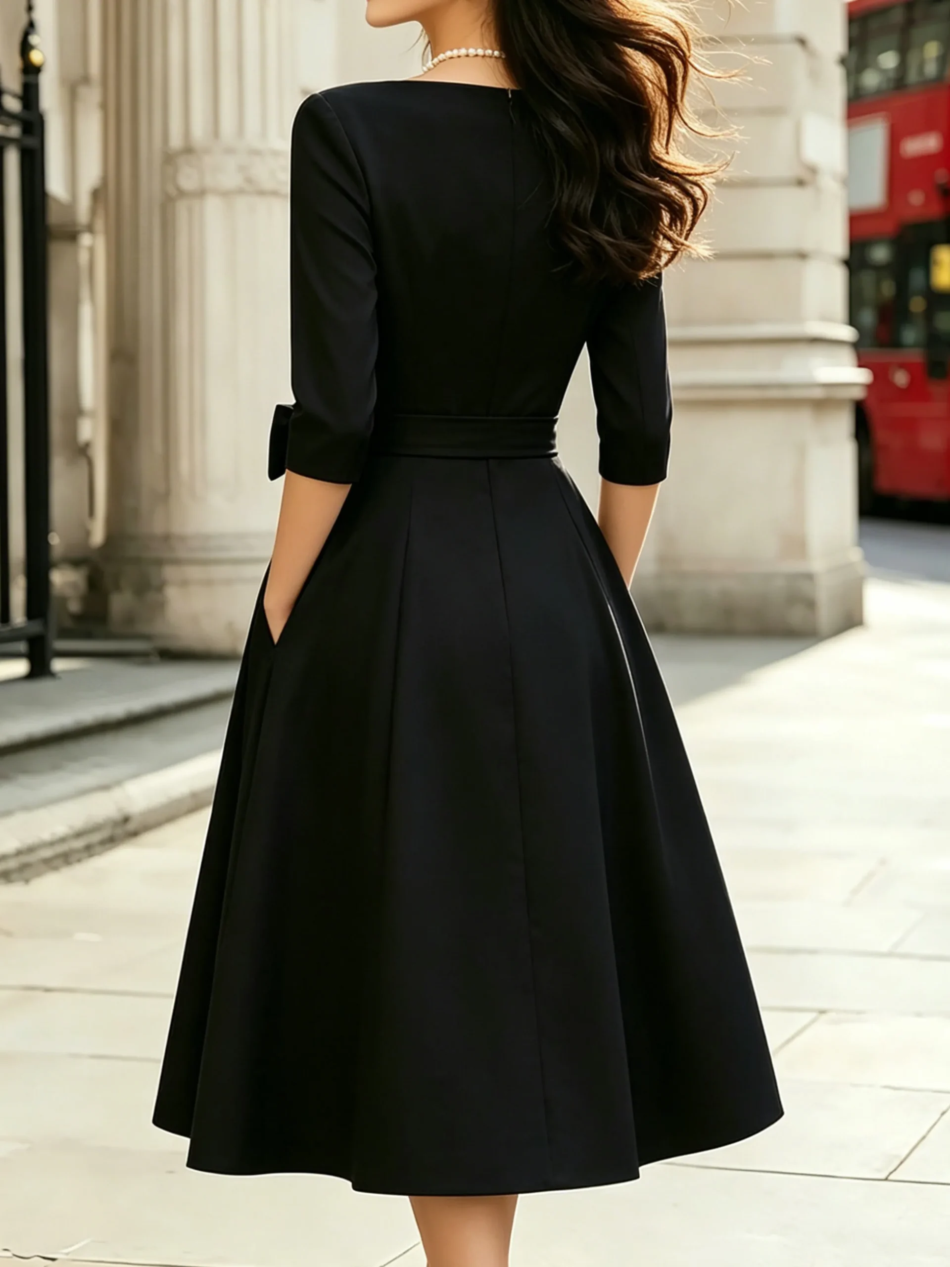 Urban Plain Bow Boat Neck Midi Dress