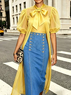 Urban Plain Bow Tie Neck Blouse