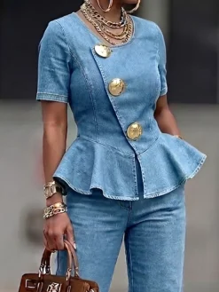 Urban Plain Button Detail Crew Neck Denim Top