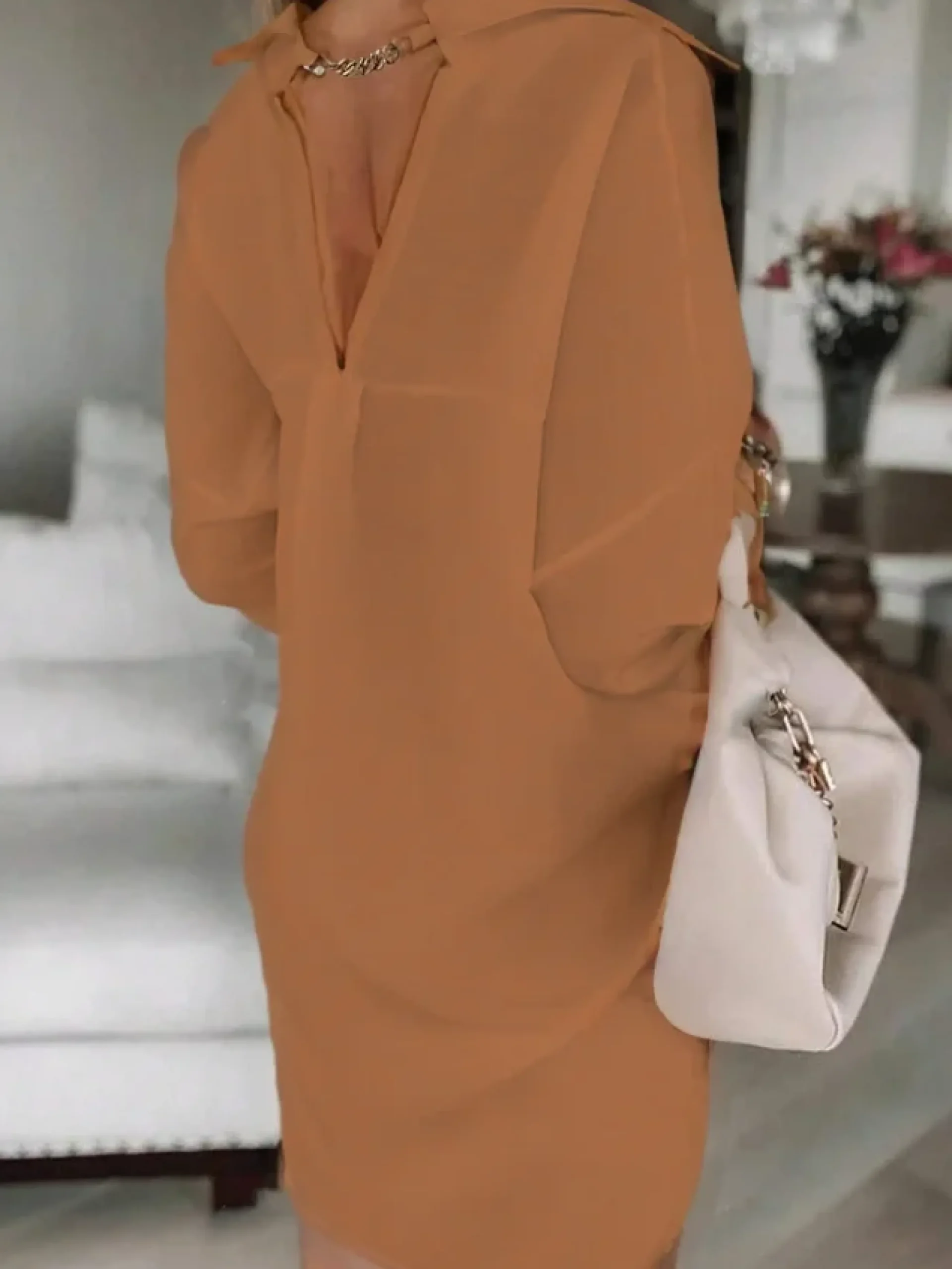 Urban Plain Buttoned Chain Knee Length Dress