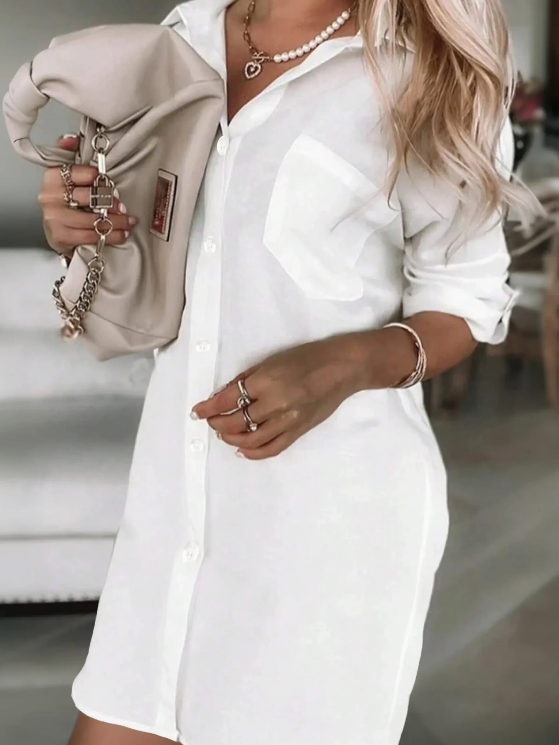 Urban Plain Buttoned Chain Knee Length Dress