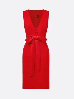 Urban Plain Buttoned Cross Neck Midi Dress With Belt