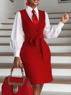 Urban Plain Buttoned Cross Neck Midi Dress With Belt