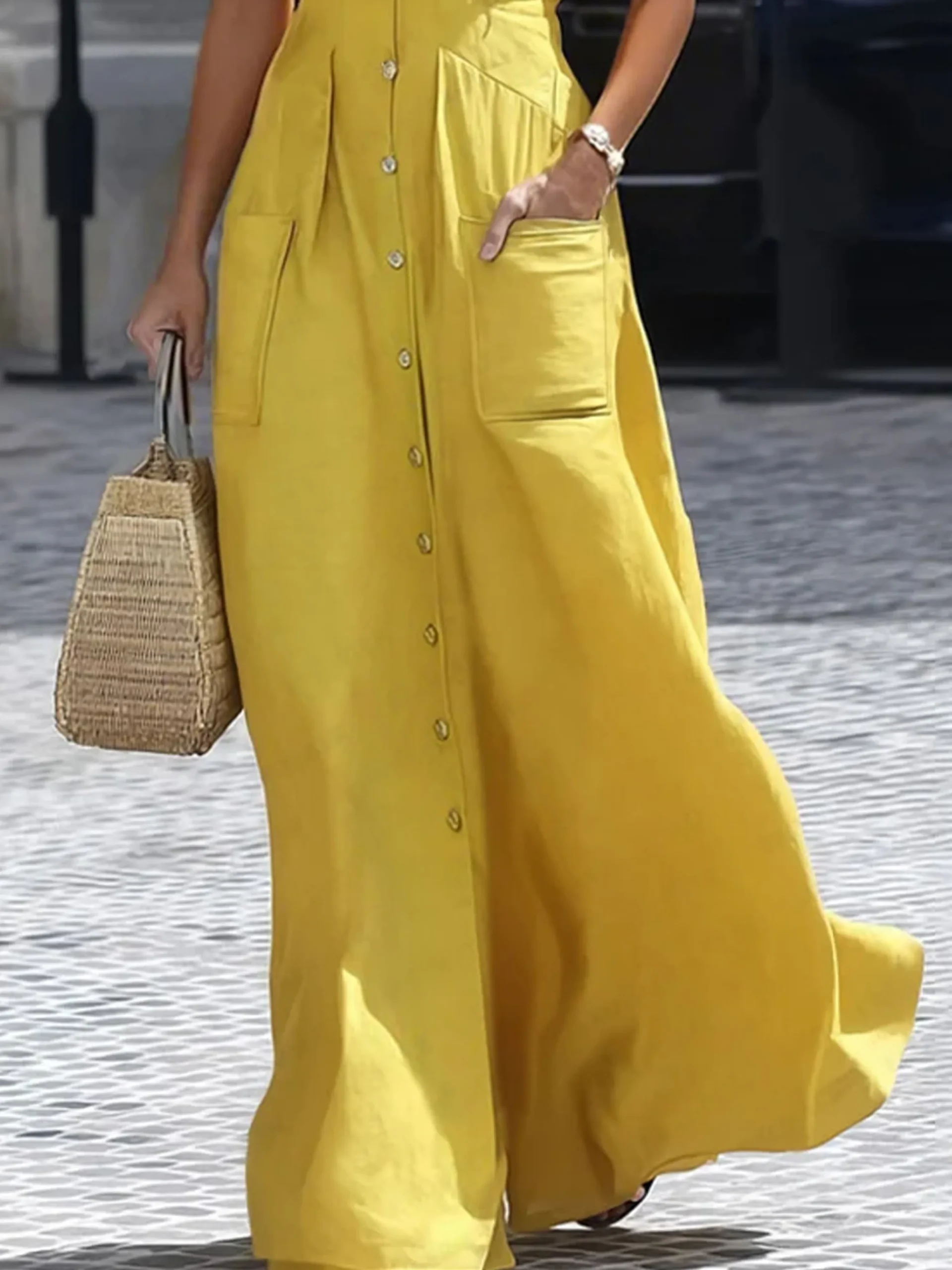 Urban Plain Buttoned Shirt Collar Maxi Dress