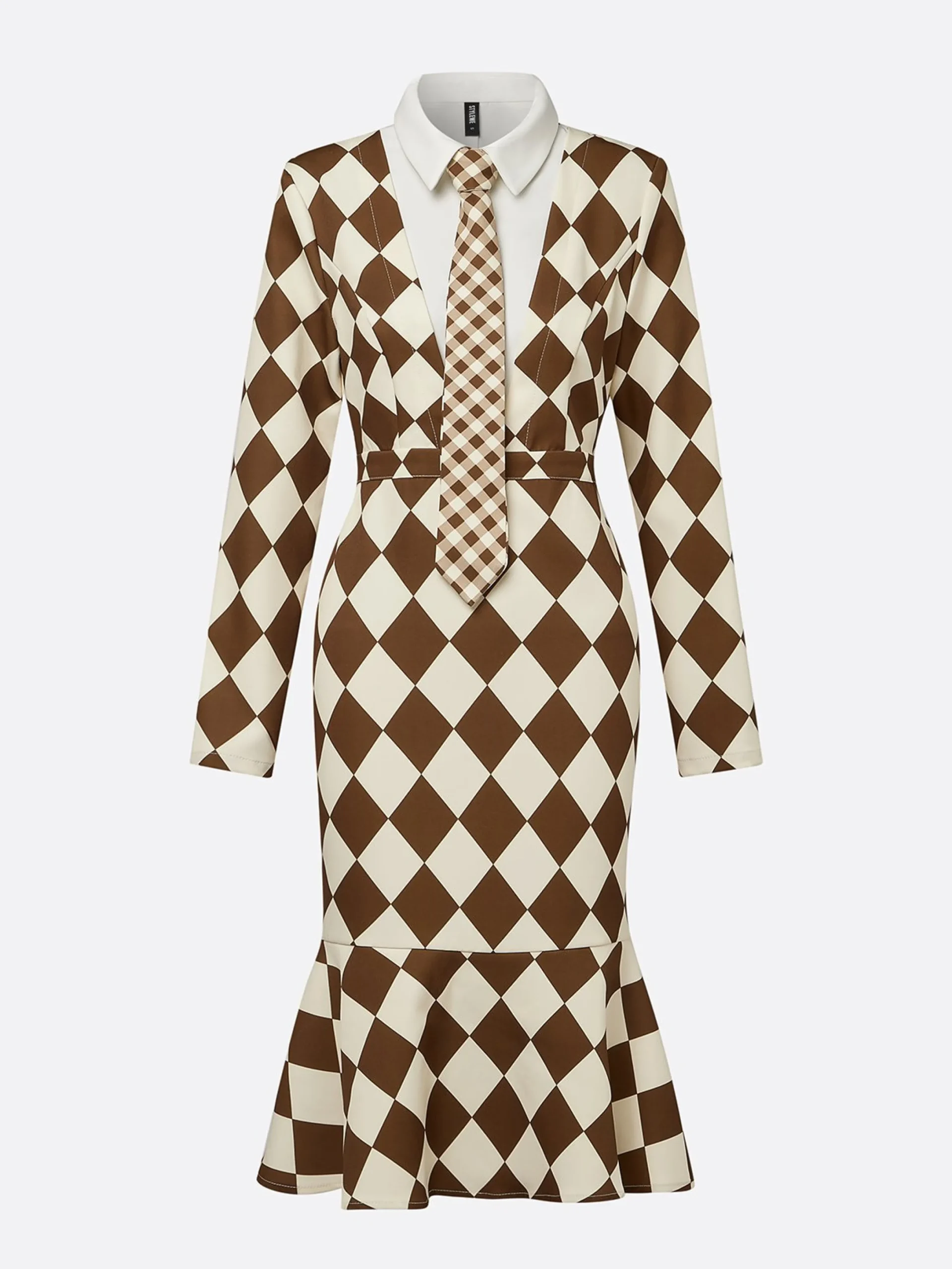 Urban Plain Buttoned Shirt Collar Midi Dress With Tie