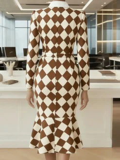 Urban Plain Buttoned Shirt Collar Midi Dress With Tie