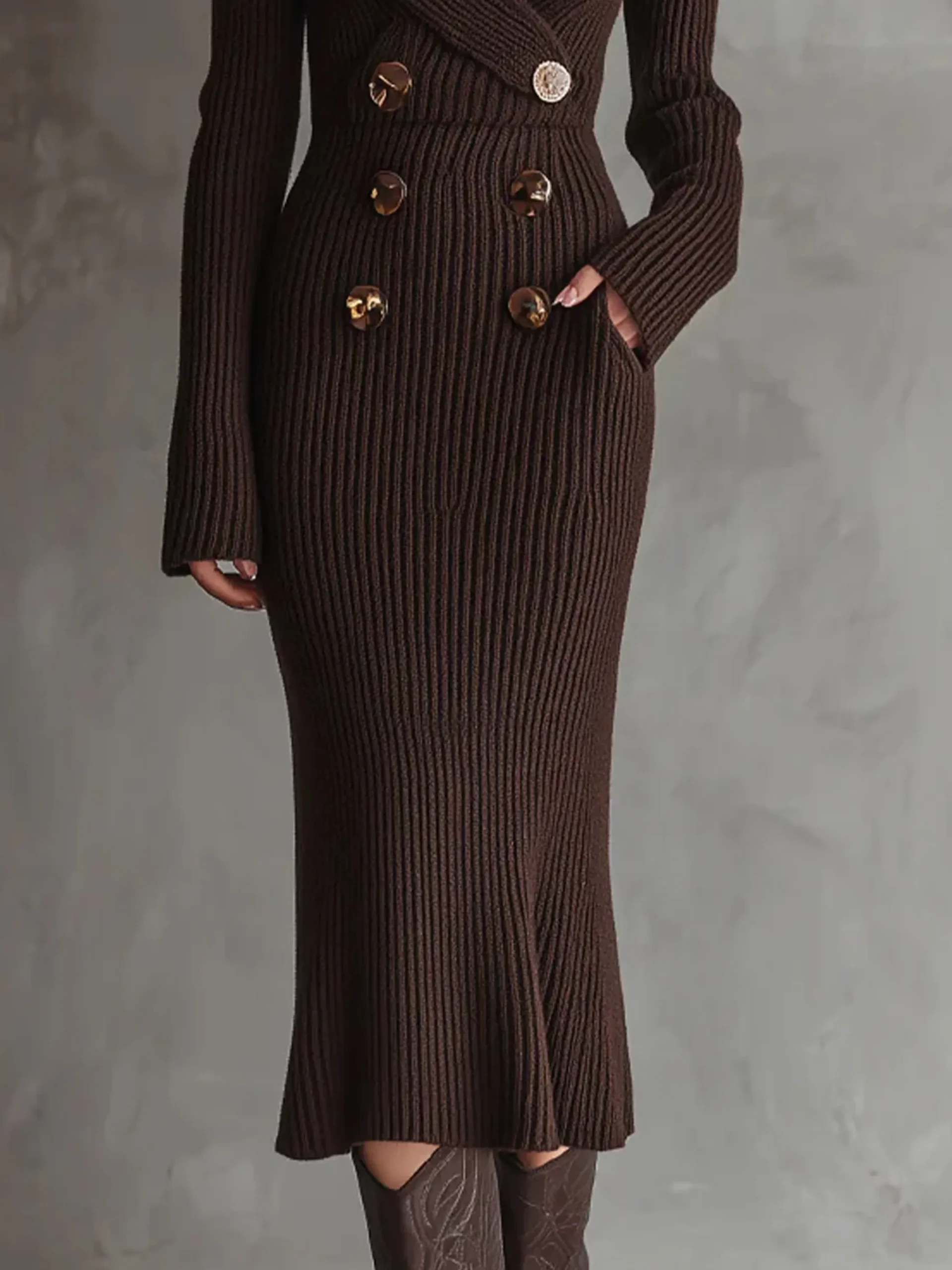 Urban Plain Buttoned V Neck Sweater Dress
