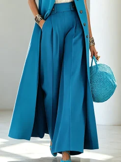 Urban Plain Buttoned Wide Leg Pants